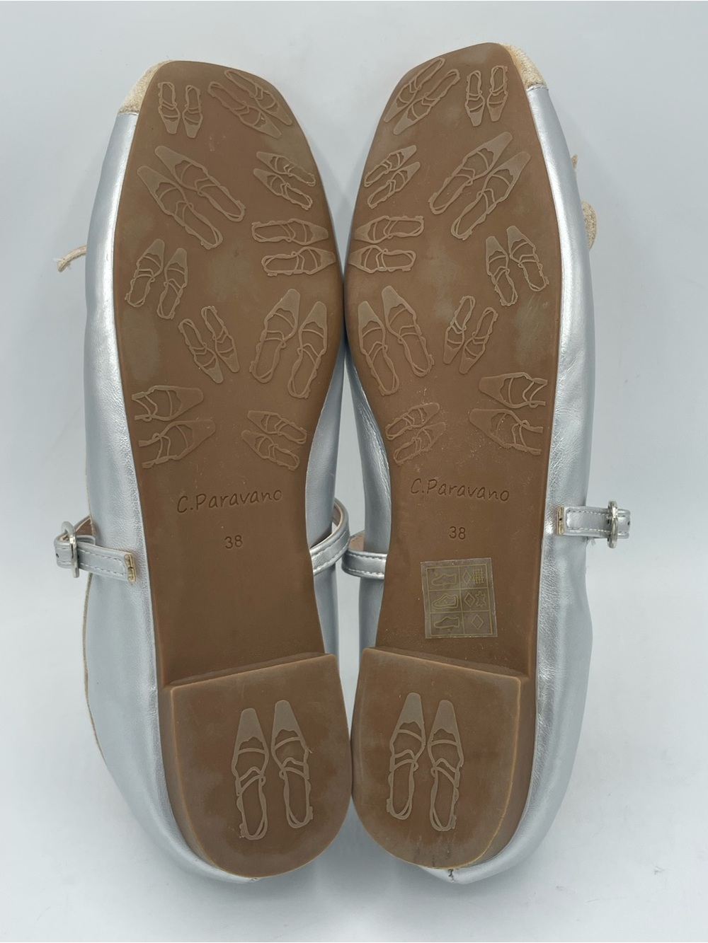 C. Paravano Clara Silver Mary Jane Ballet Flats with Beige Suede Trim and Bow. - Picture 9 of 11